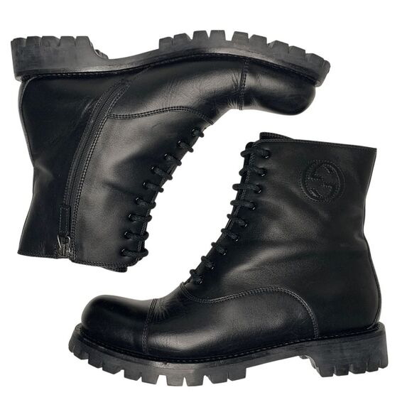 Gucci Royan Lace Up Combat Ankle Boot EU 38 US 8 Black Leather Double GG Logo - Picture 7 of 10
